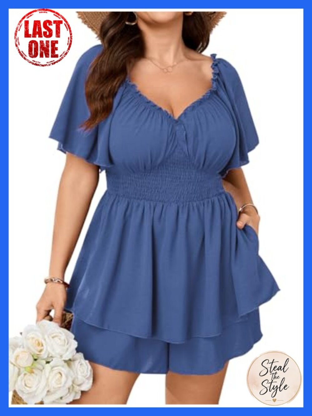Plus Size Ruffle V Neck Romper Jumpsuit with Pockets Summer Short Sleeve